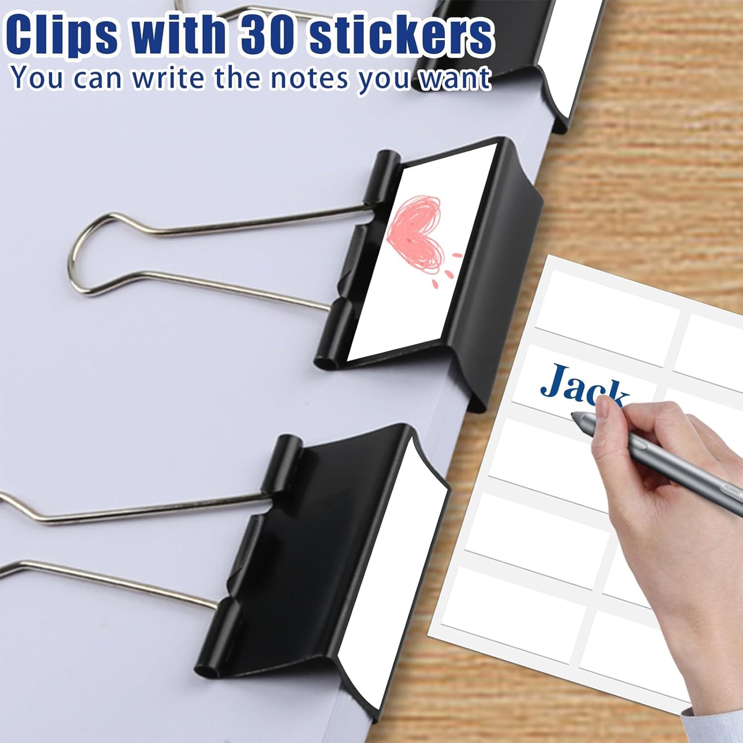 30 Pack Binder Clips with Labels, 2.4 Inch Extra Large Binder Clips Big Paper Clamps for Office and Home Supplies