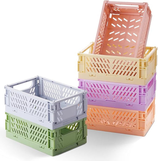 6-Pack Small Pastel Plastic Storage Baskets, Collapsible Crates for Organizing, Space-Saving Mini Bins for Classroom, Kitchen, Office, Bedroom (5.8" x 3.8" x 2.2")