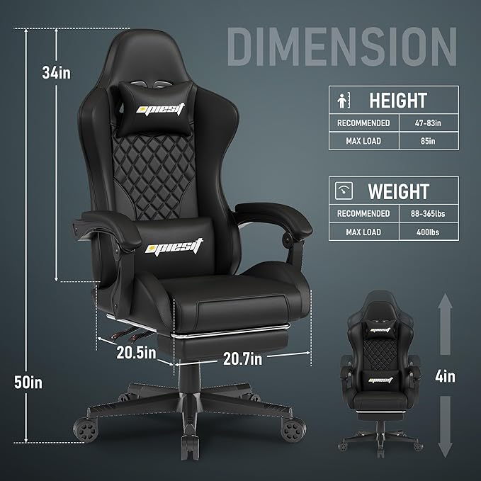 Gaming Chair,Ergonomic Computer Chairs for Adults with Footrest, PU Leather Office Chair with Adjustable Lumbar Support & Pocket Spring Cushion - Heavy Duty 400lb Capacity Gamer Chair(Black)