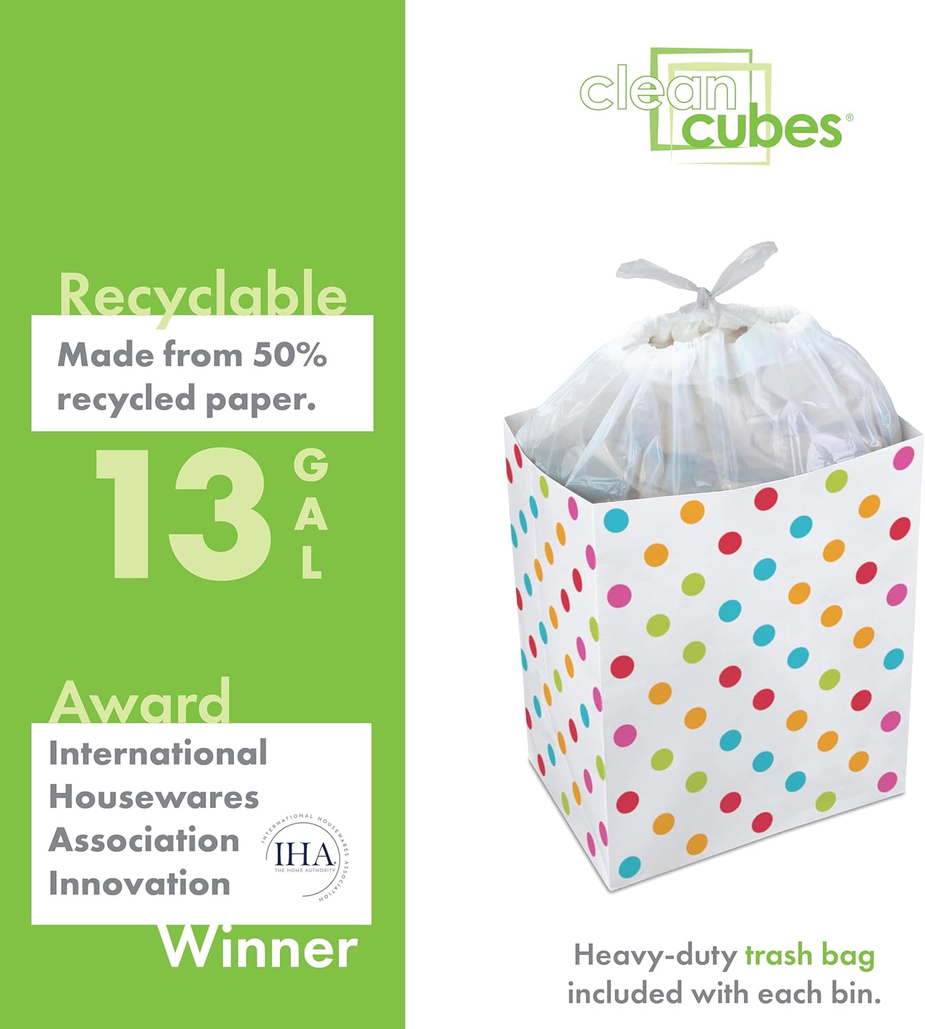 | 13 Gallon Disposable Trash Cans (3-Pack) with Fitted Trash Bags - Reusable Garbage and Recycling Bins for Parties, Events, and More (Polka Dot - 17" Height x 13.5" Width x 10" Depth)