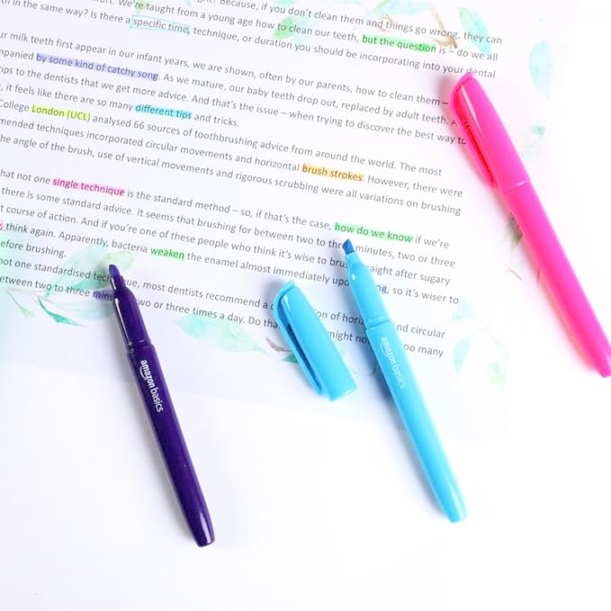 Amazon Basics Highlighters, Fluorescent Ink, Chisel Tip, Assorted Colors, School Supplies, 12 Pack
