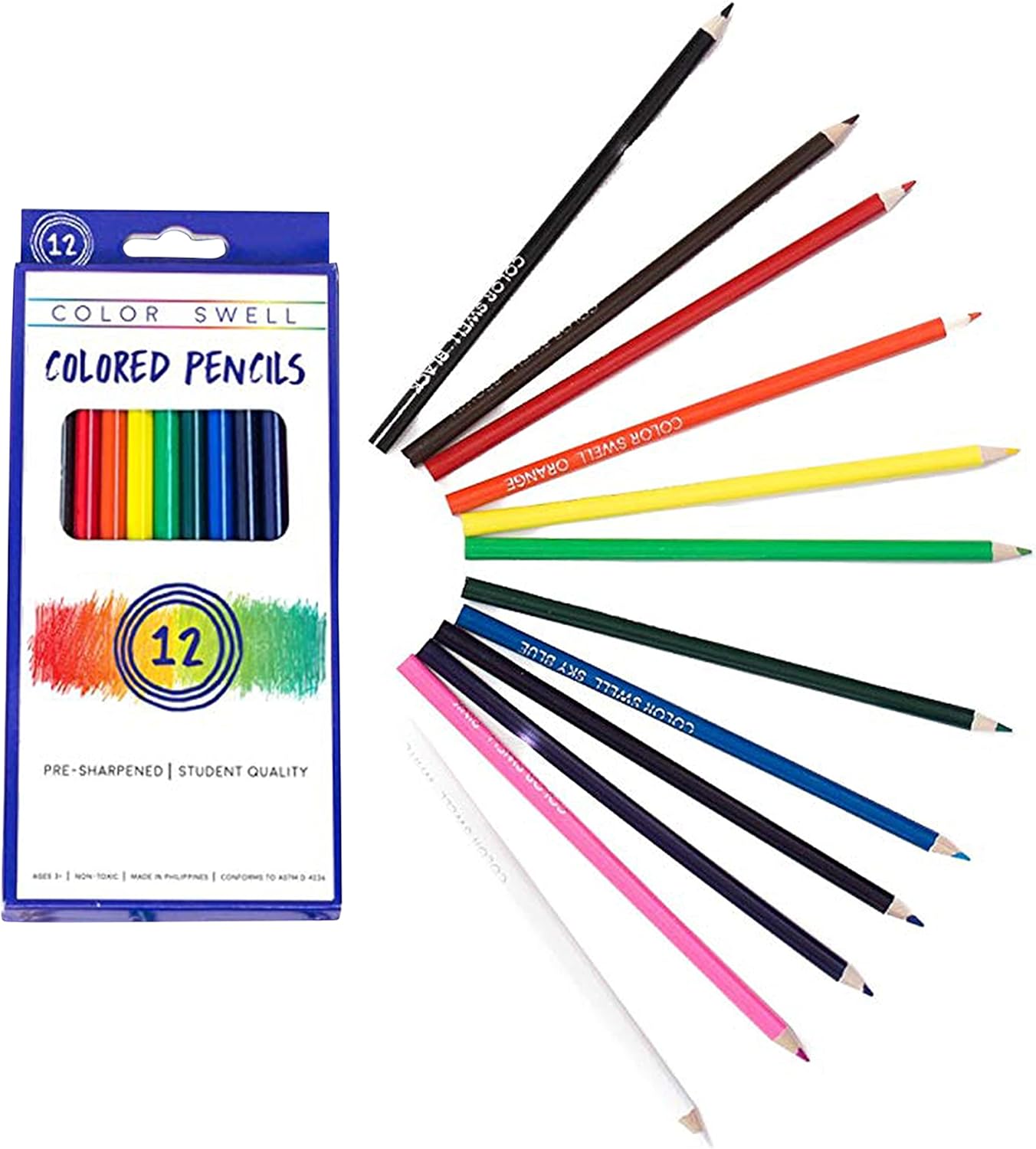 Color Swell Colored Pencil Pack 12 Count Assorted Vibrant Pre-Sharpened Colors Perfect for Kids, Teachers, Classrooms, and All Ages