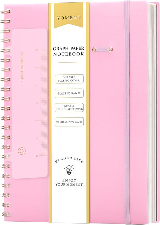 Yoment Graph Paper Notebook Spiral Notebook 8.5 x 11 A4 Large Grid Paper Notebooks, 100 GSM Thick Graph Paper, Plastic Cover Graphing Notebook for Work School Engineering, A4 Pink