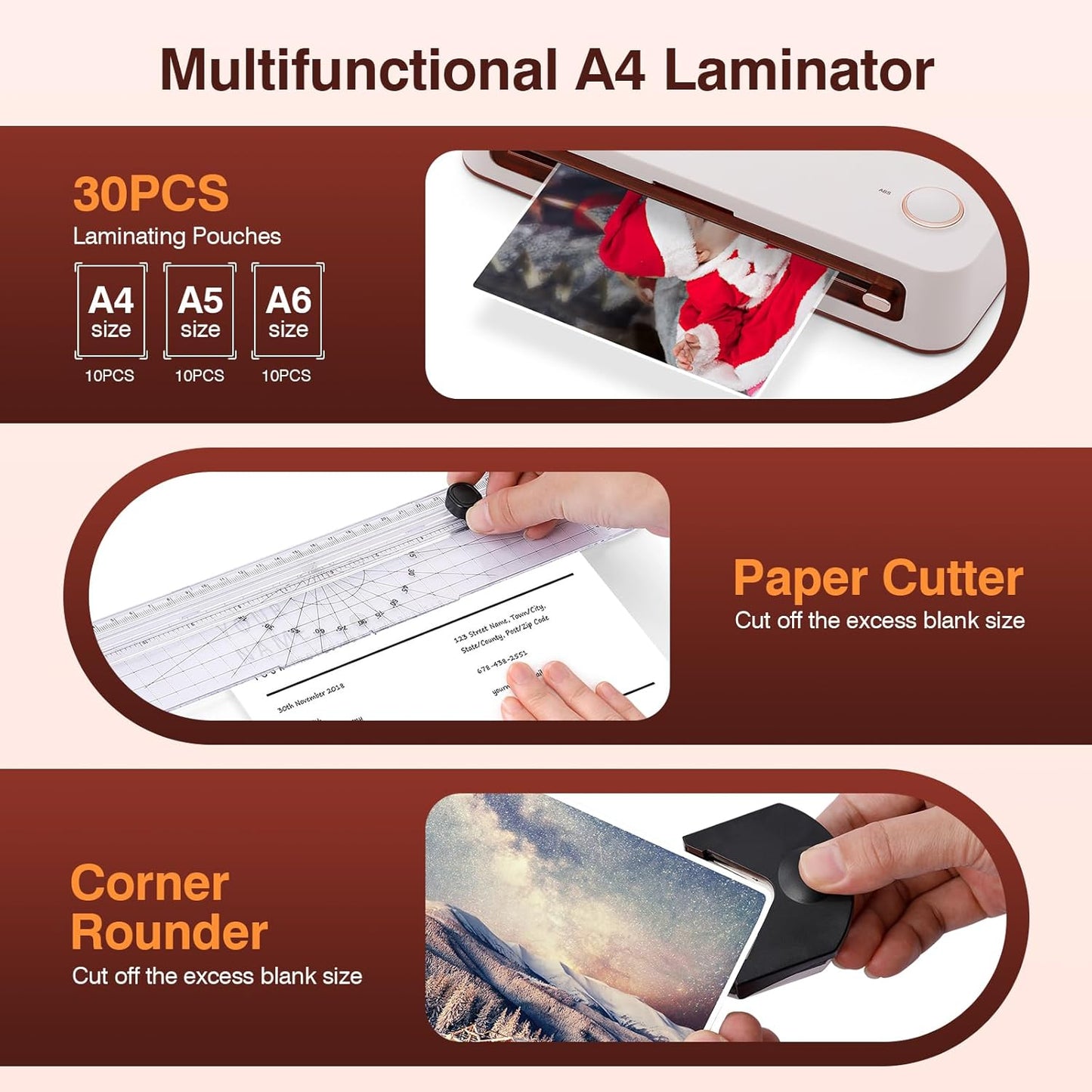 BISOFICE 4 in 1 A4 Laminator Machine Set, Multifunctional Rapid Heating Lamination with Paper Cutter, Trimmer Rounder, 30 Laminating Pouches Suitable for A4/A5/A6 for Home Office School Supplies