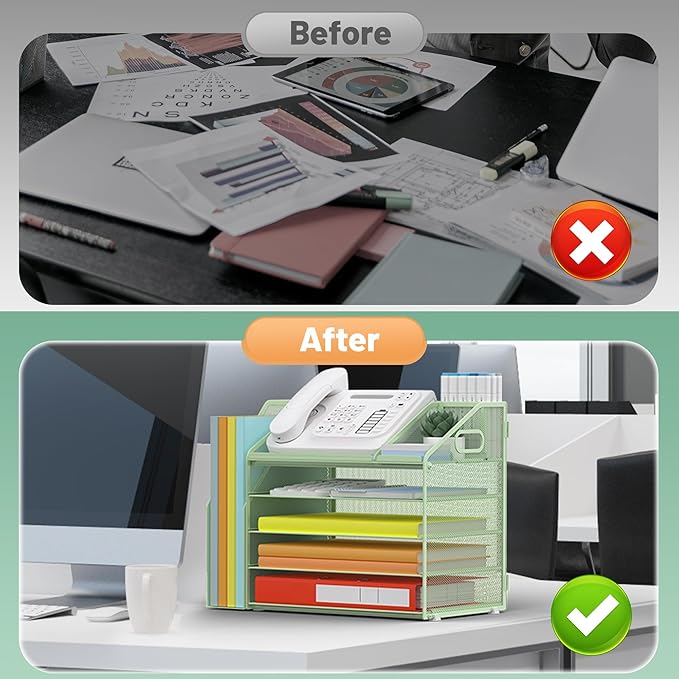 DocNest 5 Tier Paper Letter Tray File Organizer, Mesh Desk File with Handle, Workspace Desk Organizers with Pen Holder, Office Organization Storage Accessories - Green