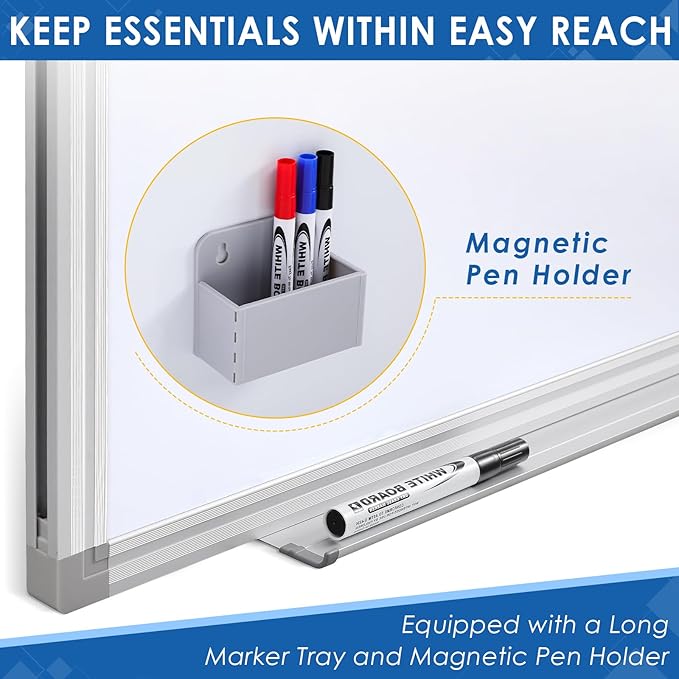 SWANCROWN Magnetic Dry Erase Board 60" x 40" Large White Board, with 2.5 cm Thick Aluminum Frame, Long Marker Tray & Magnretic Pen Holder – Whiteboard for Wall, Offices, School, Meeting Rooms
