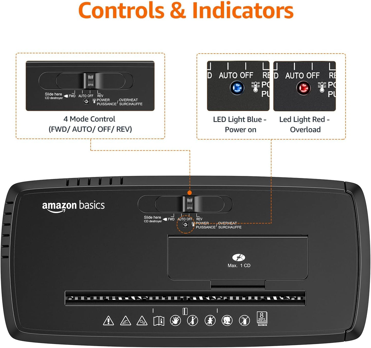 Amazon Basics 8-Sheet Strip Cut Paper, CD, and Credit Card Shredder with Auto-Off Compact, Portable Design, No Basket, Extendable Arm, Black