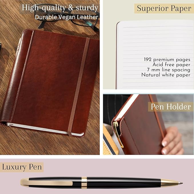 SETTINI® Lined Journal - Classic Journal for Writing Gift Set - Hardcover Vegan Leather, Includes Luxury Pen in a Unique Pen Holder, 192 Pages, 6 x 8.5 inches, Birthday Gifts for Men