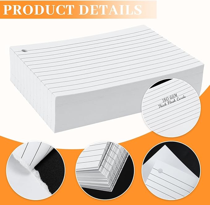Tecmisse 160 PCS Index Cards 4 x 6 Inches, 180 GSM Thick Punched Flash Cards, Lined Note Cards, White Study Cards for School Learning and Office Supplies