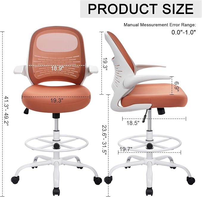 HYLONE Tall Drafting Chair Standing Desk Chair with Flip-Up Armrests, Adjustable Height Ergonomic Office Chair with Footrest Ring - High Stool Chair for Standing Desk (Pink)