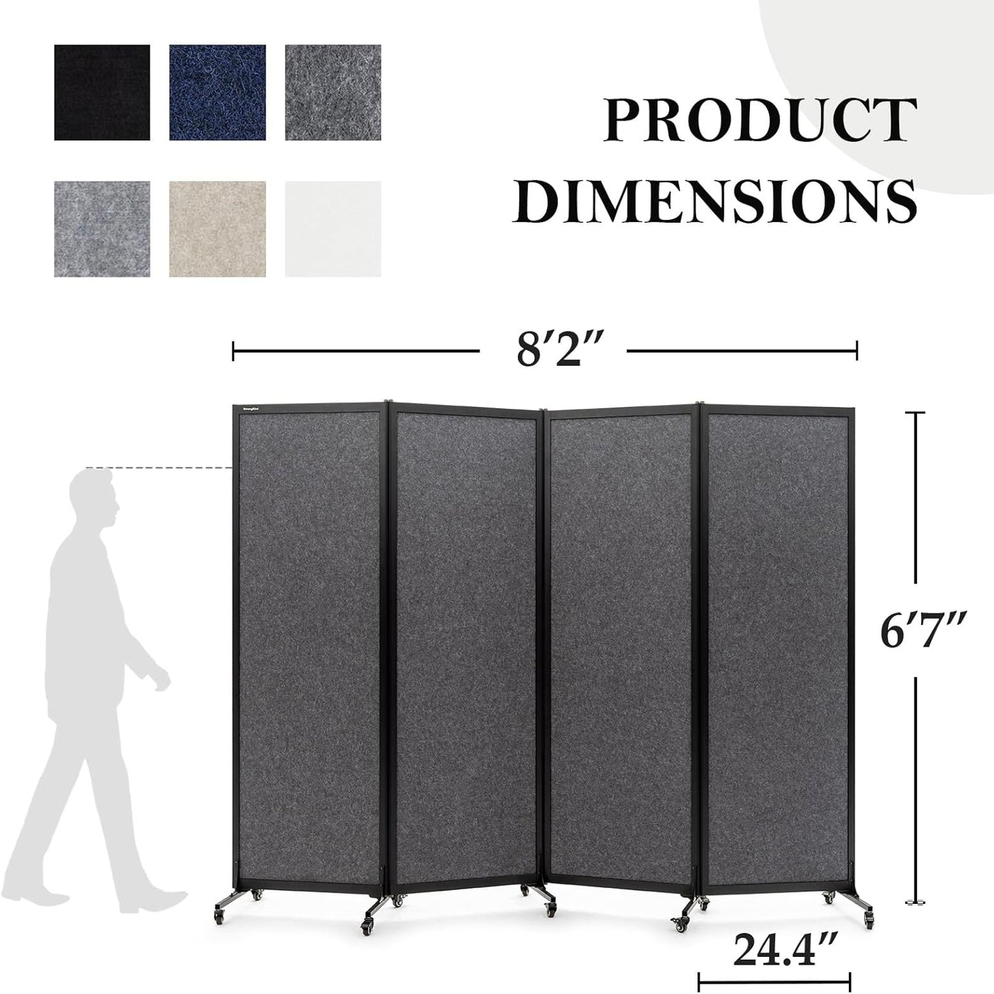 Upgrade Version Room Partition and Divider, Freestanding Rolling Dividers with Wheels,Office Privacy Screen Divider Wall,Classroom Felt Dividers,8'2"L* 6'7"H,4 Panel，Dark Grey