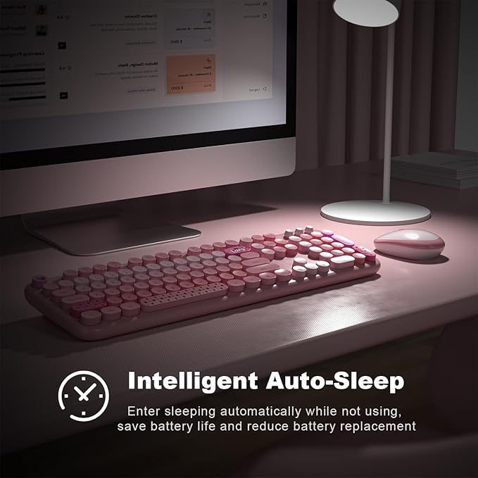 MOFII Wireless Keyboard and Mouse Combo, Full Size 2.4G Plug and Play Typewriter Retro Round Computer Keyboard and Mouse Set for Windows, Computer, Desktop, PC, Notebook - (Pink Colorful)