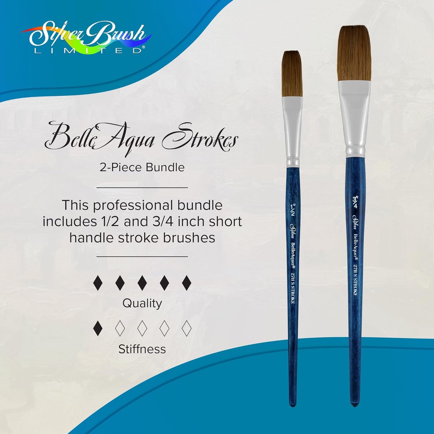 Silver Brush Limited BA-2760S BelleAqua Long Stroke Brush Set, 2pc Professional Watercolor Brush Set, Premium Soft Synthetic Red Sable Long Stroke Brushes Also for Gouache, Sizes 1/2 and 3/4 Inch