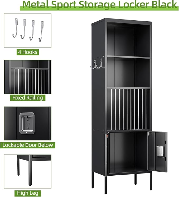 Aobabo 72" H Metal Storage Locker for Gym, for Stores Sports Gear Footballs, Rugby Balls and Tennis, Open Storage Locker with Hooks for School, Gym, Black, Assembly Required