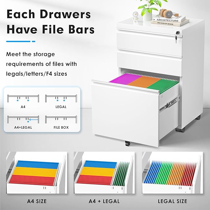 Superday 3 Drawer Mobile Locking File Cabinet, Metal Rolling Vertical File Cabinet with Drawers, Small Under Desk Lateral Cabinets for Office and Home, Fully Assembled Except