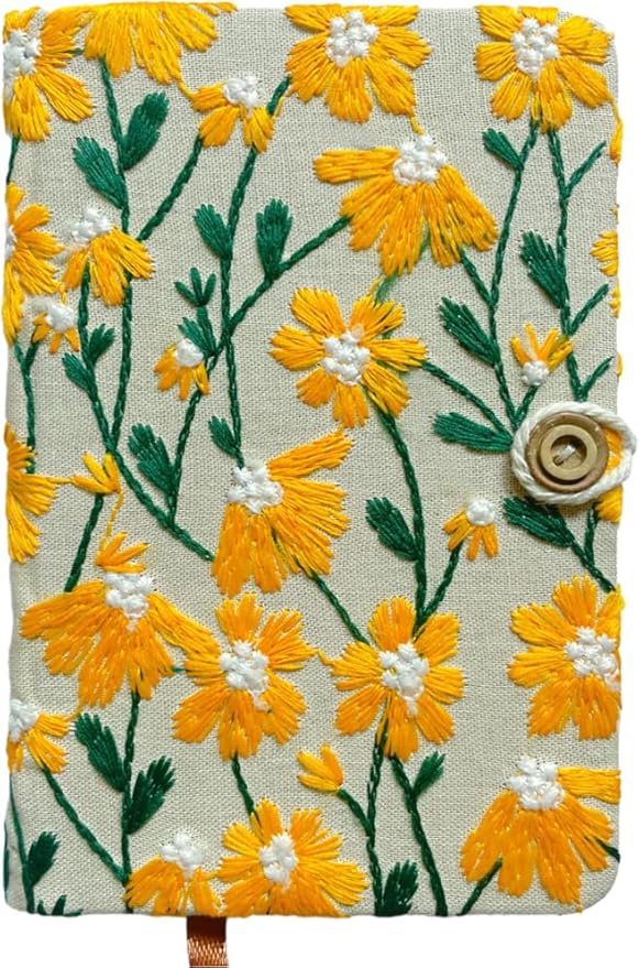 Daisy Gifts for Women, Flower Embroidered Journal, A6 Pocket Sketchbook, Small Unlined Notebook 4x6, Hardcover, Lay Flat, Cute Notebooks, Pretty Journal, Yellow Daisy