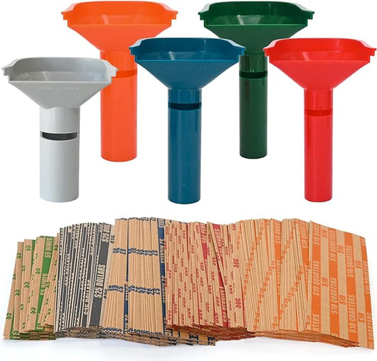 L LIKED 175 Assorted Flat Striped Coin Wrappers & 5 Coin Sorters Tubes, Color-Coded,Easy to Load