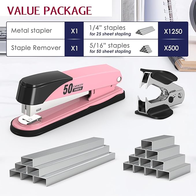 Metal Stapler Heavy Duty 50 Sheet Capacity with 1750 Staples and Staple Remover, Pink Stapler Full Strip Staplers for Desk, No Jam, Non-Slip Office Stapler with Staples for Office & Classroom, Pink