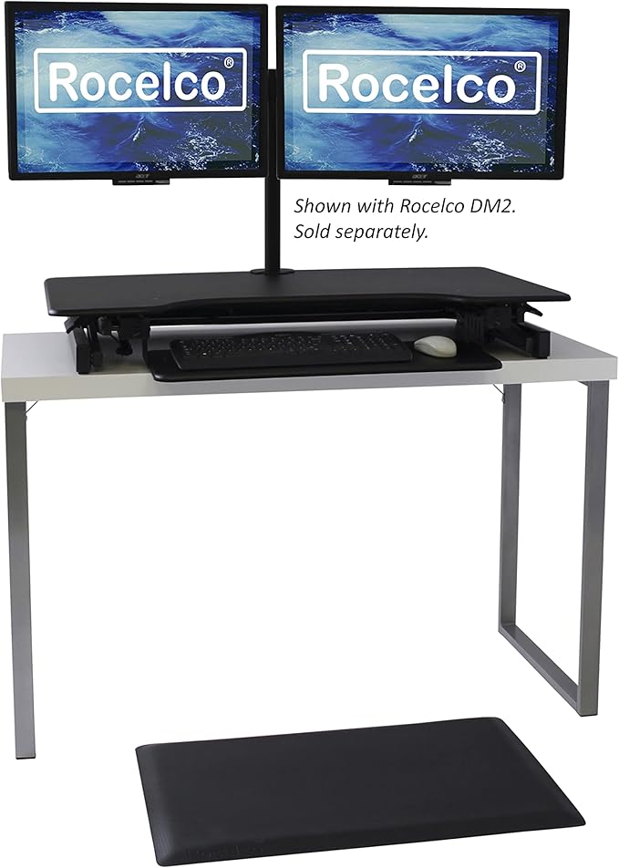 Rocelco 40" Large Height Adjustable Standing Desk Converter with Anti Fatigue Mat BUNDLE - Tall Quick Sit Stand Up Computer Workstation Riser - Retractable Keyboard Tray - Black (R DADRB-40-MAFM)