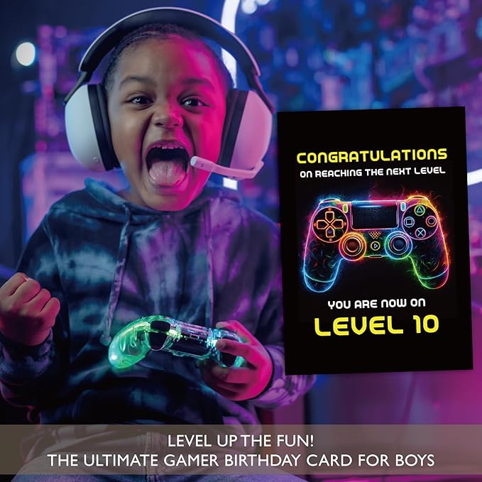 Gooji 5x7 Gamer Birthday Card for Boys and Girls - Level-Up Design for Ages 9, 10, 11, 12 - Perfect Gaming Party Greeting Card (10Y)