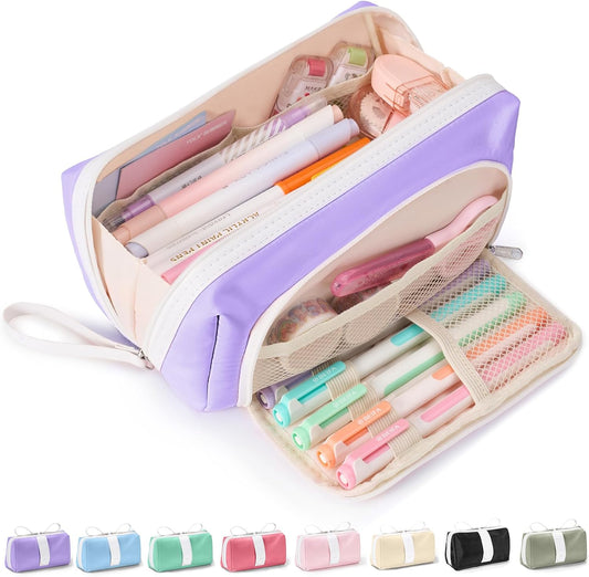 Sooez Big Capacity Pencil Case, Extra Large Pencil Pouch with Zipper Pocket, Wide Opening Pencil Bag, Portable Stationery Organizer, Cute Aesthetic School Office Supplies for Teens Girls, Purple