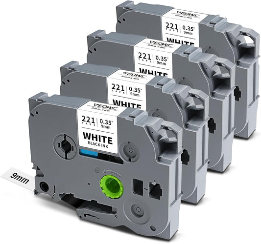 TZ Tape Tz-221 9mm 0.35 Laminated White Tape Compatible for Brother P-Touch TZe221 3/8 Inch Refill Work with Brother Label Maker Tape PT-D210 PT-D220 PT-H110 PT-1890 PT-D600 PT-D410, 4-Pack