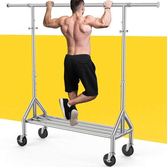Upgraded 100% Stainless Steel Clothing Rack Load 760LBS, Heavy Duty Clothes Racks with Larger & Sturdy Wheel, Extendable & Adjustable Rolling Garment with Shelves