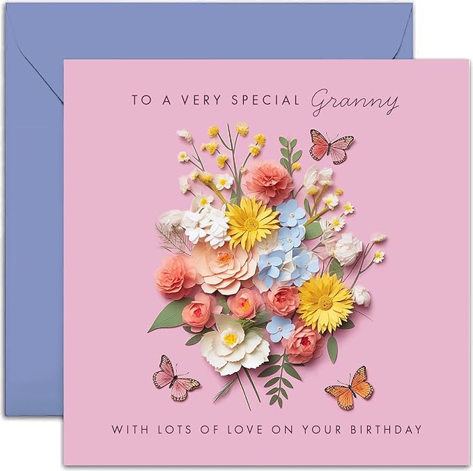 Old English Co. Special Granny Birthday Card for Her - Pink Flower Butterfly Artwork Birthday Card for Granny from Grandchildren - Cute Granny Birthday Card | Not 3D Card