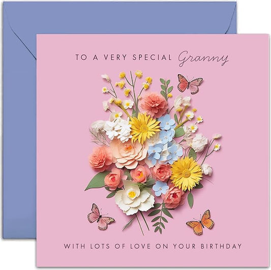 Old English Co. Special Granny Birthday Card for Her - Pink Flower Butterfly Artwork Birthday Card for Granny from Grandchildren - Cute Granny Birthday Card | Not 3D Card