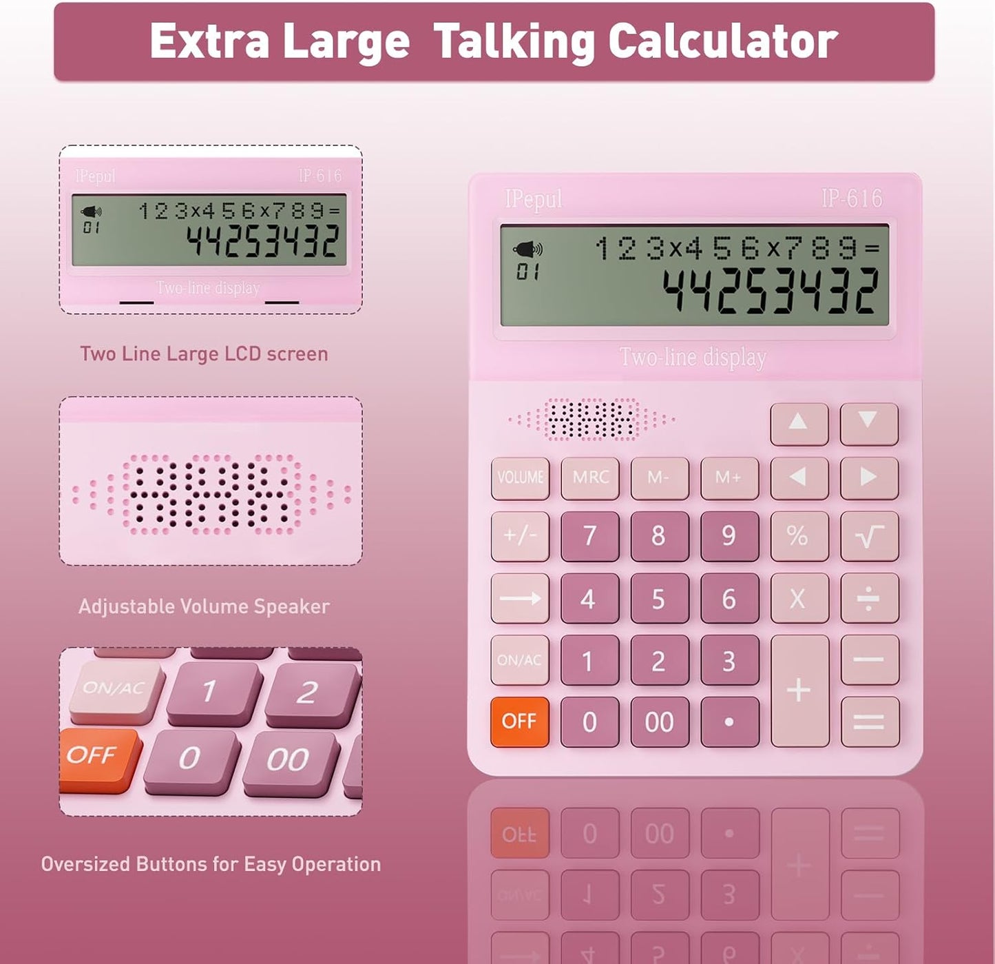 Calculators Desktop, Desk Calculator with Large 2 Line Display, Talking Basic Calculator with big Button & Adjustable Volume, 4 Function Calculators for Business, Students,School Office Supplies(Pink)