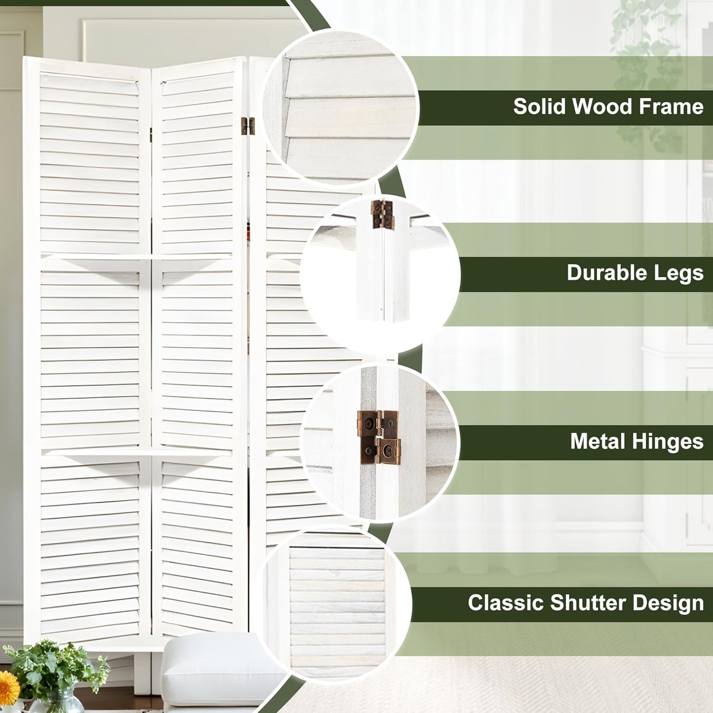 NicBex 6 Panel Room Divider 5.6FT Louvered Design Room Dividers with Display Storage Shelves Folding Privacy Screens Portable Freestanding Partition Wall Dividers for Home Bedroom Office, White