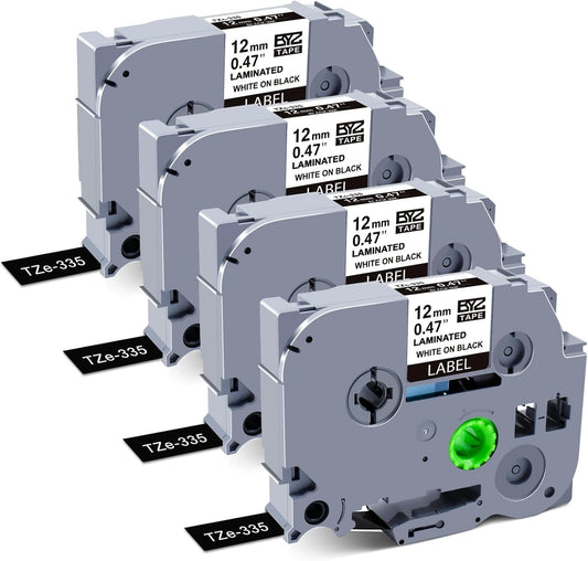 BOYEEZON Label Maker Tape 12mm 0.47 Black Replacement for Brother P Touch Label Tape TZe-335 TZ TZe 12mm 0.47 Laminated White on Black for Brother PTD210 PTD400 PTD410 PTD600, 4 Packs