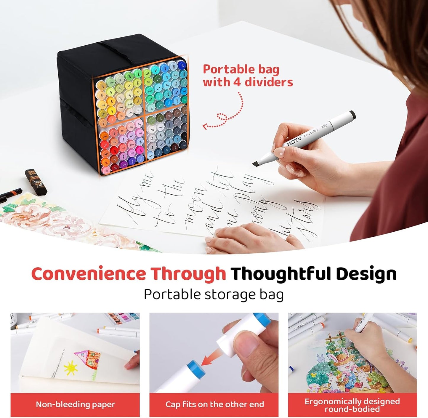 Alcohol Markers, 100 Colors Dual Tips, Coloring Art Marker Set for Adults Kids, Alcohol Based Markers for Permanent, Sketching, Drawing with Non-Blending Pad(Chisel & Fine)