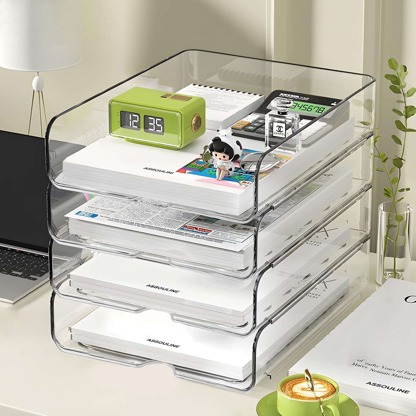 4-Tier Paper Organizer for Desk, Stackable Desk Organizer Paper Tray, Ideal for Office Supplies, A4 Storage (Clear, 4-Tier)
