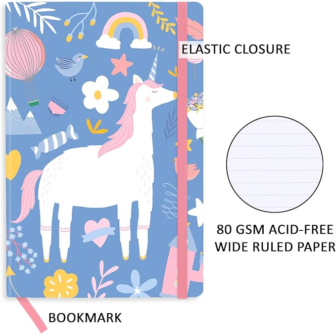 RICCO BELLO Wide Ruled Hardcover Diary Journal School Notebook for Kids, Tweens - Bookmark, Band Closure, Storage Pocket, 5.7 x 8.4 Inches,192 Pages, (Blue Unicorn)