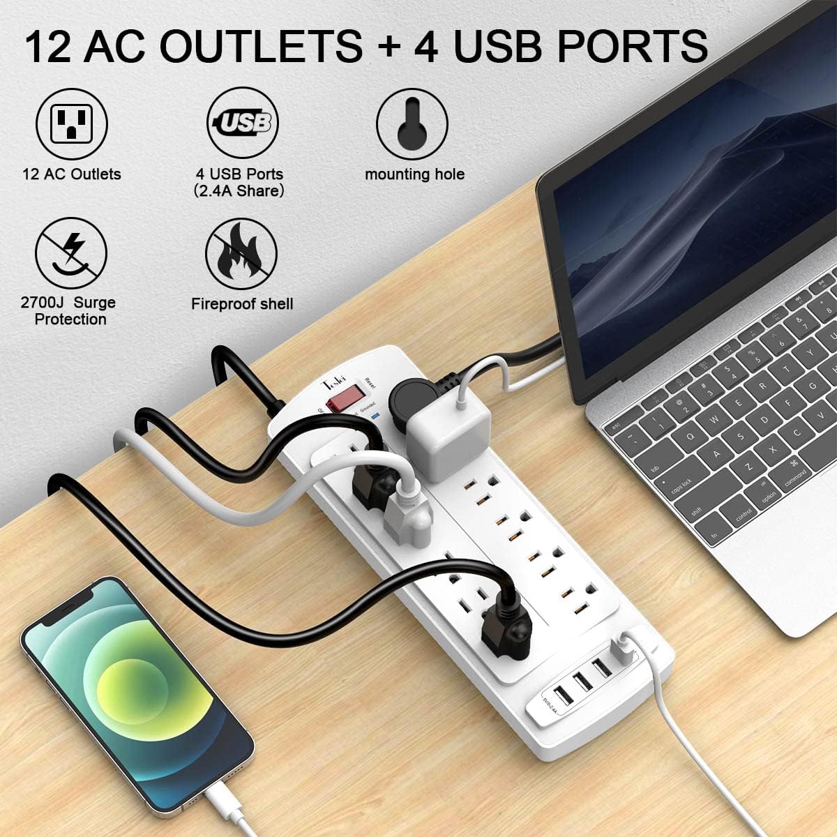 Power Strip, Tcstei Surge Protector with 12 Outlets and 4 USB Ports, 20 Feet Extension Cord (1875W/15A) for Home, Office, Dorm Essentials, 2700 Joules, ETL Listed, White