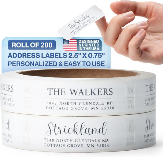 200 Personalized Address Labels - Glossy White Return Address Label 2.5" x 0.75'', Stylish Fonts for Envelopes & Packages, Customizable Labels for Home or Office Use