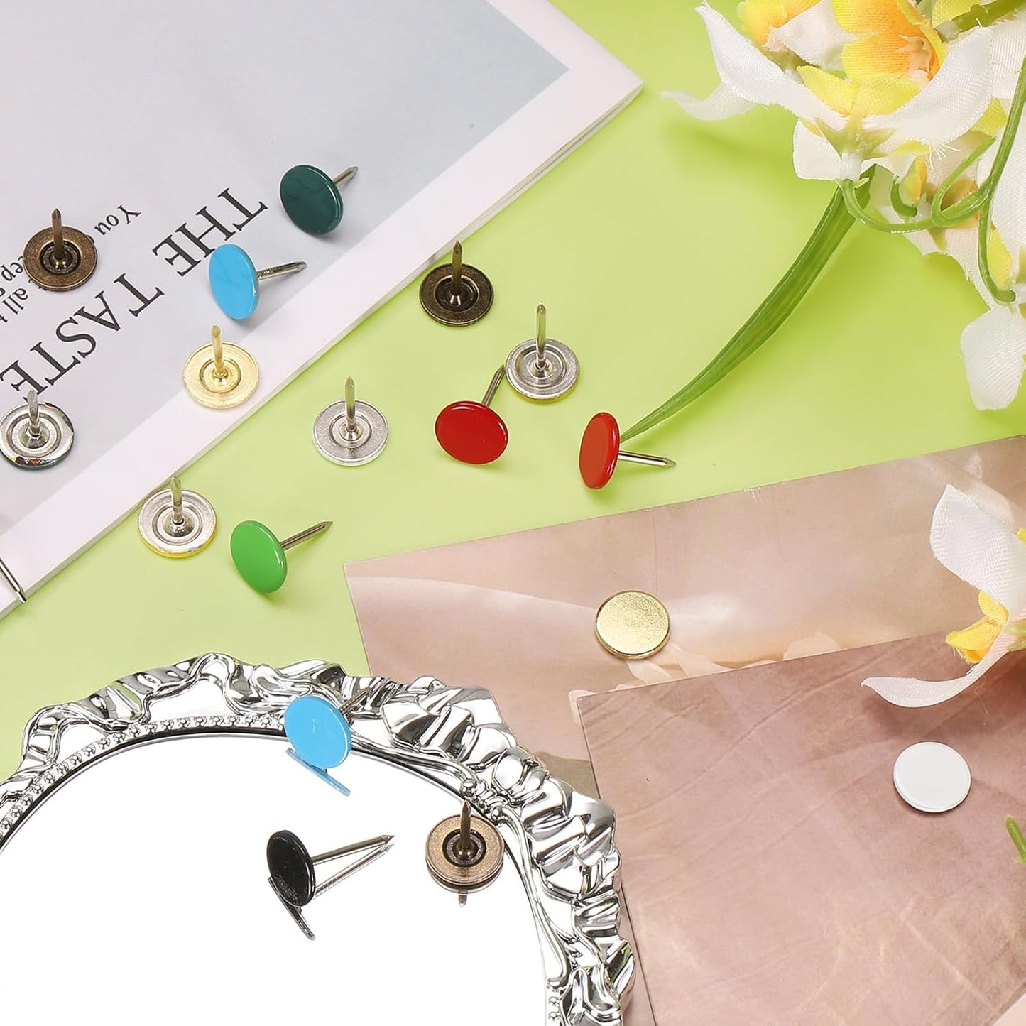 uxcell 100Pcs Upholstery Tacks, 11mmx15mm Flat Head Thumb Tack Decorative Furniture Nails Push Pins for Furniture Sofa Headboards, Gold