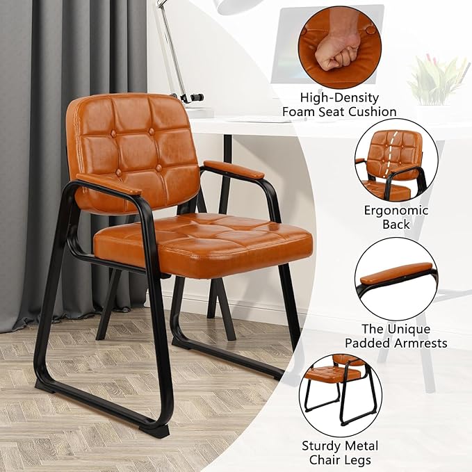 CLATINA Office Guest Chair, Leather Reception Chairs with Padded Arms, Desk Chair No Wheels Stationary for Conference Lobby Waiting Room Training Side Elderly, Set of 4-Orange