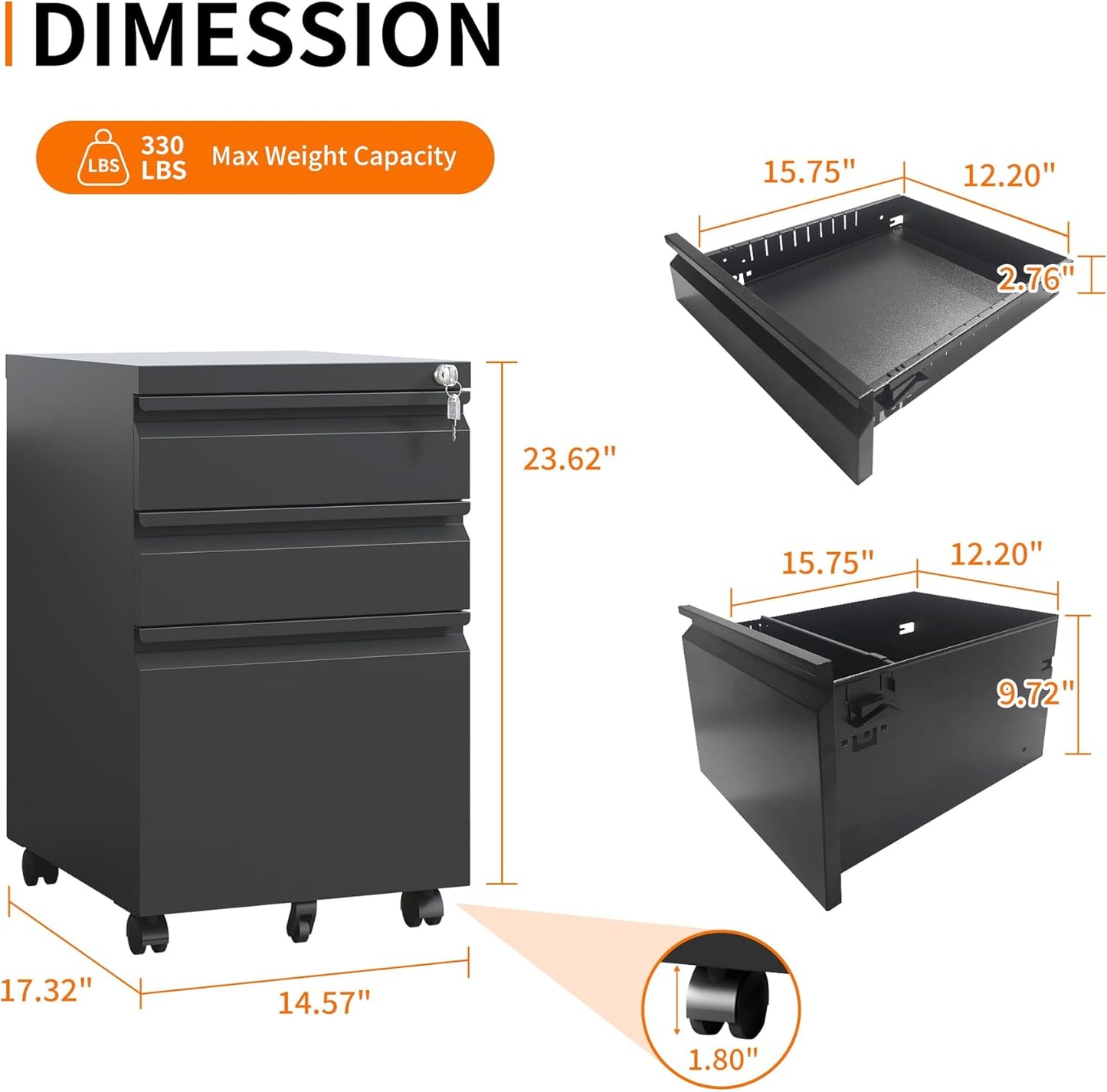 3 Drawer Mobile File Cabinet, Filing Cabinet Home Office for Letter, Legal Size, Fully Assembled Under Desk File Cabinet, Black