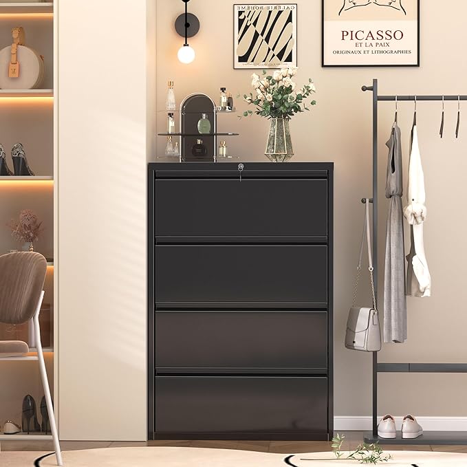Superday Lateral File Cabinet 4 Drawer Metal File Cabinet with Lock, Black Filing Cabinets for Home Office, Locking Filing Cabinets Hanging Files Letter/Legal/F4/A4