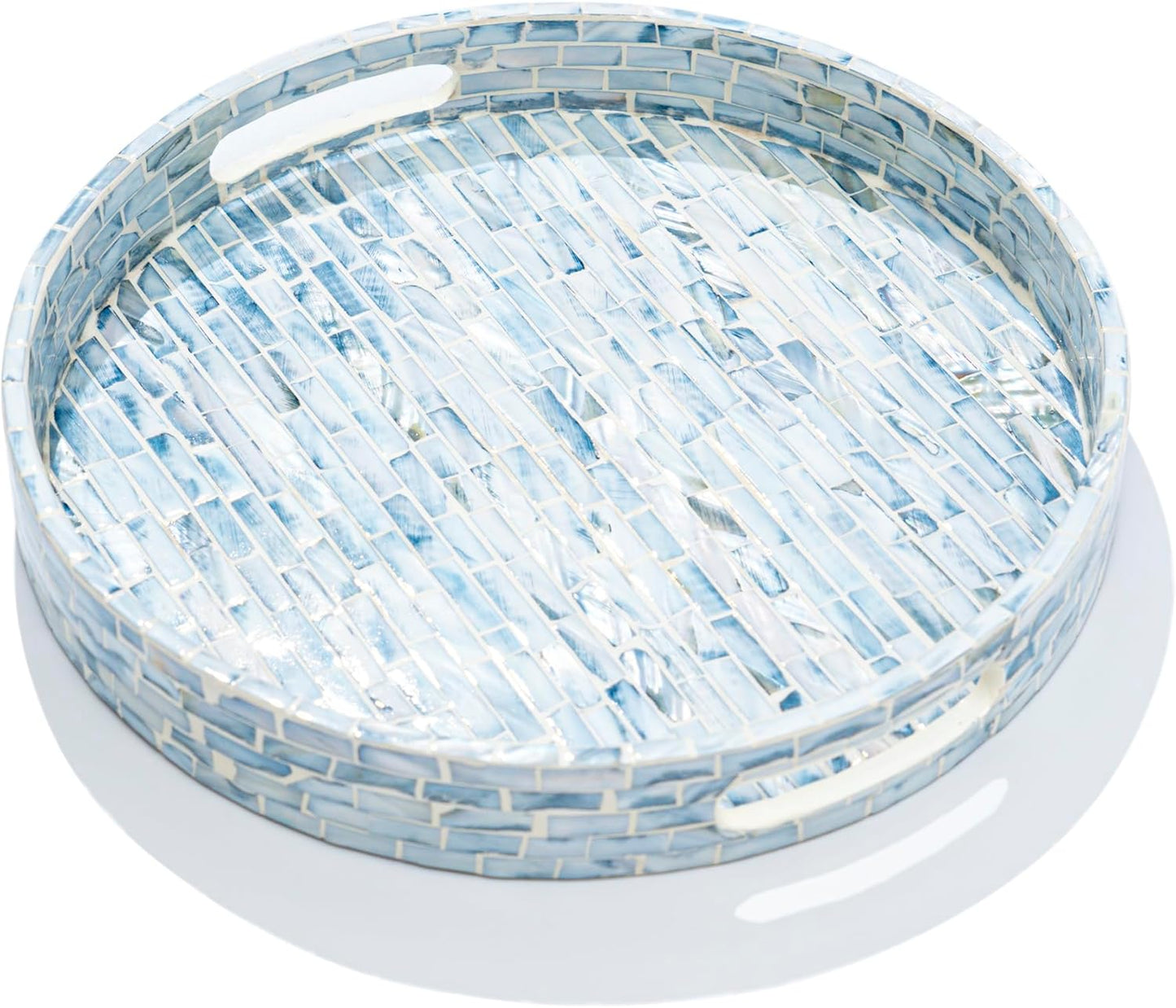 CLAYNIX Serving Tray 12.5 Inch, Wooden Lacquer Tray with Mother of Pearl Inlay, Elegant Tea & Breakfast Tray with Handles (Round)