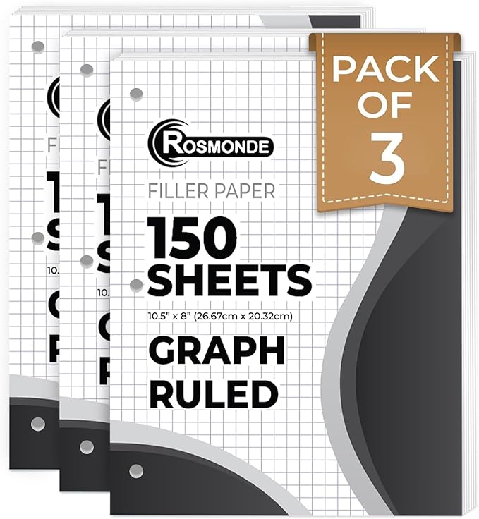 Graph Paper 3 Pack, 450 Sheets, 4x4 Grid Paper, 8" x 10.5", 3 Hole Punched, Notebook Paper, 54 GSM Thick Graphing Paper, Quad Ruled Graph Paper, Loose Leaf Paper, Back to School Supplies