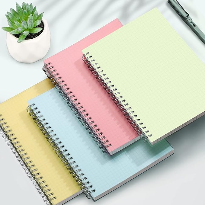 AHGXG Graph Paper Notebook 3 Pack- A5 Grid Notebook Spiral, Thick 100gsm Graph Paper, Transparent Hardcover, 80 Sheets, for Women School Artist Writing Drawing, 5.7"x 8.3", Yellow, Green, Blue