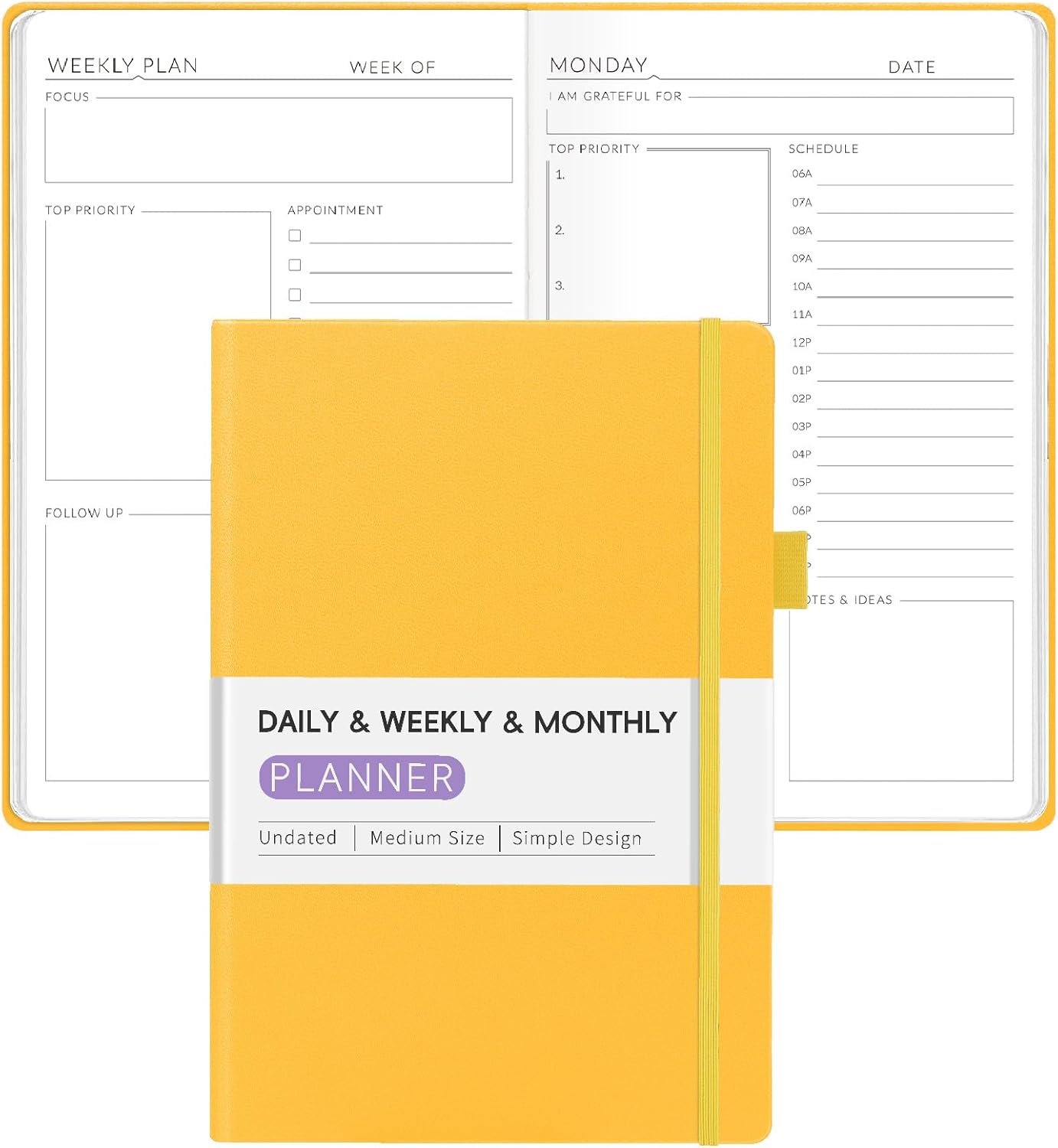 Undated Weekly Planner for 2025, Forvencer Simplified Daily & Weekly & Monthly Calendar Planner, Cute Daily Organizer Notebook, Agenda Journal to Track Goals & Tasks, Start Anytime, A5 Size, Yellow