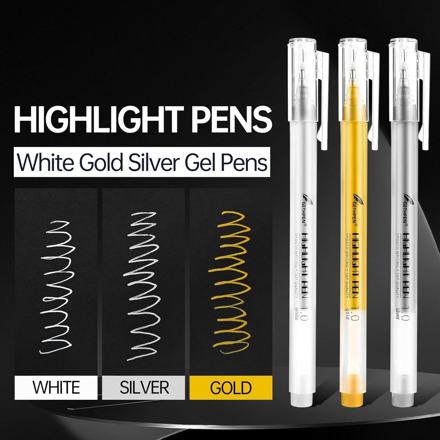 3 Colors Gel Pen Set – White, Gold & Silver 1.0mm Fine Point Gel Ink Pens for Artists, Black Paper Drawing, Bullet Journaling & Holiday Crafts – Opaque Archival Ink, 3-Pack