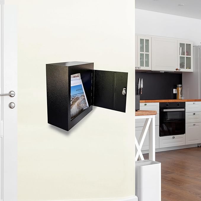 Through-The-Wall Drop Box with Rainproof Cover | Heavy Duty Through Wall Mailbox with 10-Inch Adjustable Chute | Rainproof Locking Drop Safe for Mail, Rent, Checks, Cash, and Keys, Black