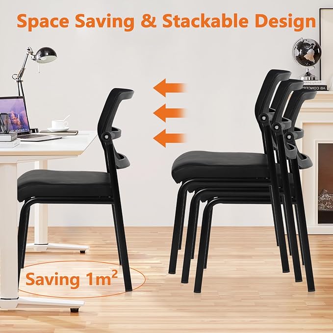 CLATINA Stackable Waiting Room Chair with Adjustable Mesh Backrest, Armless Office Guest Reception Chairs with Leather Cushion and Ergonomic Lumbar Support for Conference Lobby Side School, Black, 2PK
