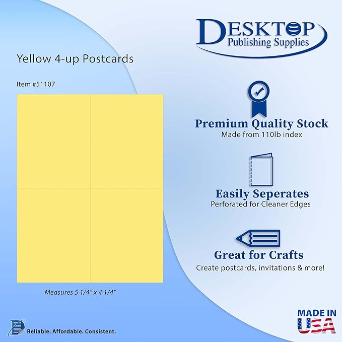 Blank Colored 4-up Postcard Paper by Desktop Publishing Supplies - 25 Sheets / 100 Postcards Pack - Printable with Laser or Inkjet Printer - Plain Matte Cardstock (Plain Yellow)