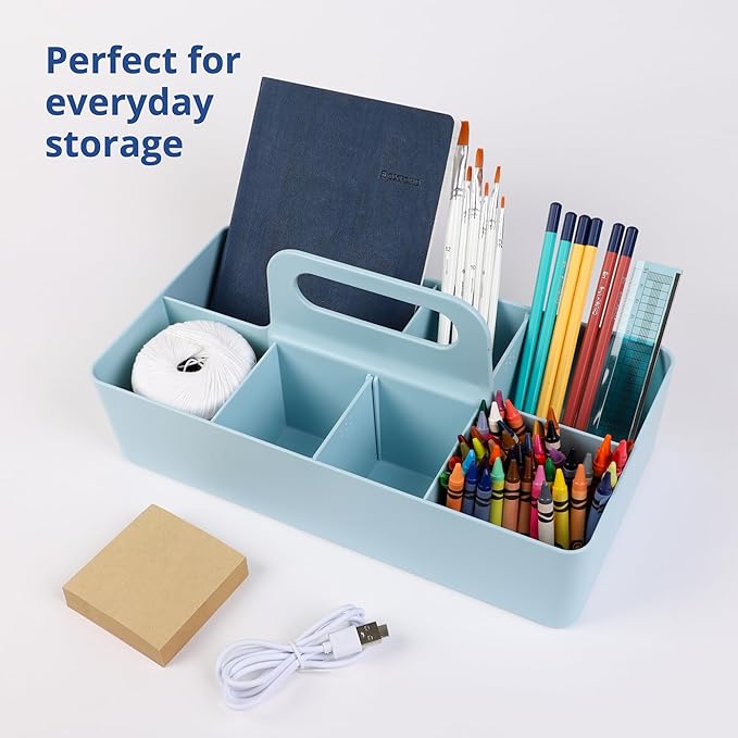 BLUE GINKGO Stackable Organizer Caddy – Korean-Made Portable Tote for Bathroom, Office, Crafts, or School Supplies (Long Rectangle, Blue)